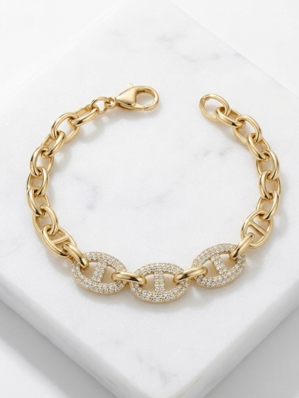 14k Gold Plated Mariner Bracelet Thick Chain Zircon Dainty Water Resistant
